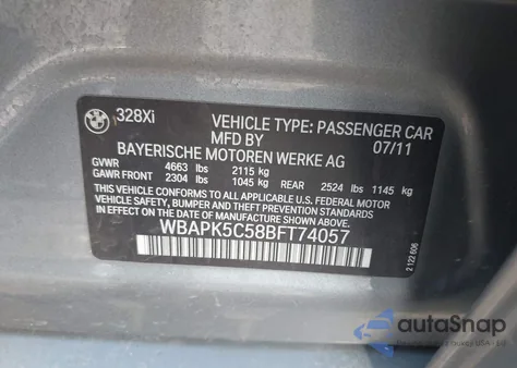 2011 BMW 328I xDrive из США, поврежденный, VIN WBAPK5C58BFT74057